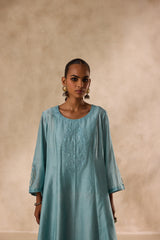 Sky blue chanderi floral resham embroidered kurta paired with pant & organza dupatta