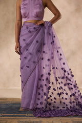 Lilac organza satin flower and beads embroidered saree comes with unstitched & unembroidered blouse fabric in chanderi