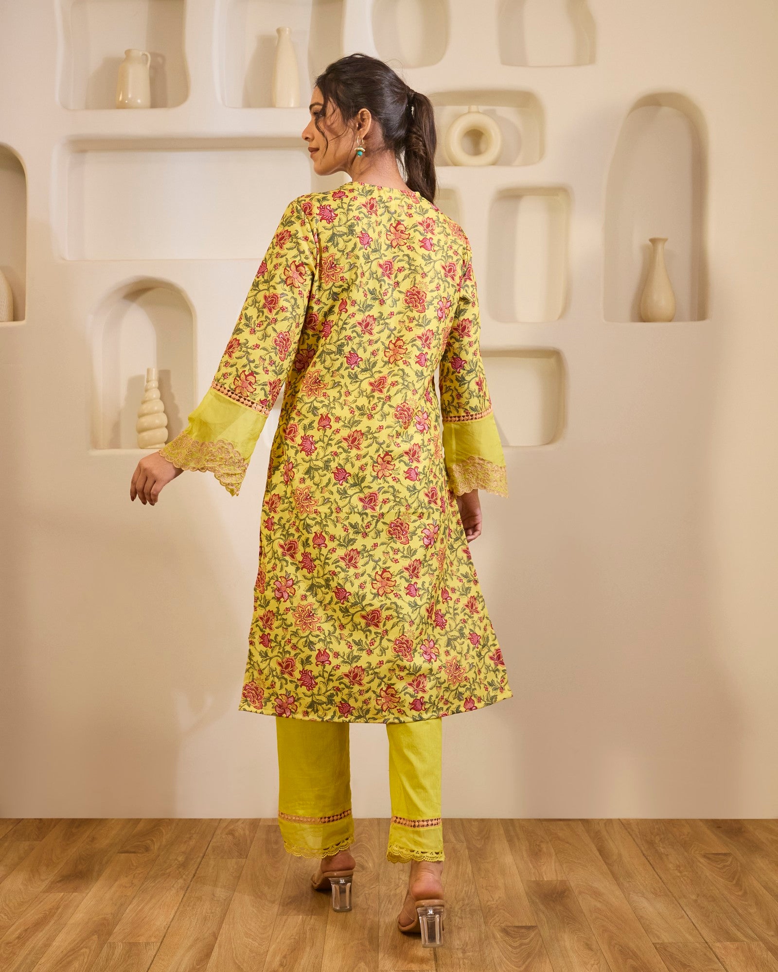Dahlia Yellow Embroidered Cotton Kurta with Narrow Pants