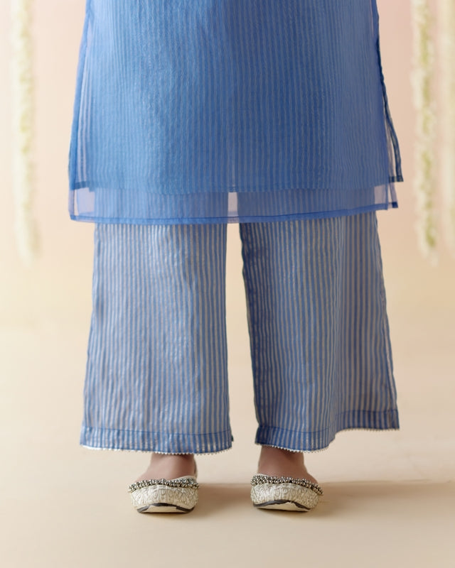 Sapphire Blue Kurta with Tissue Slip & Flared Pants - Set of 3