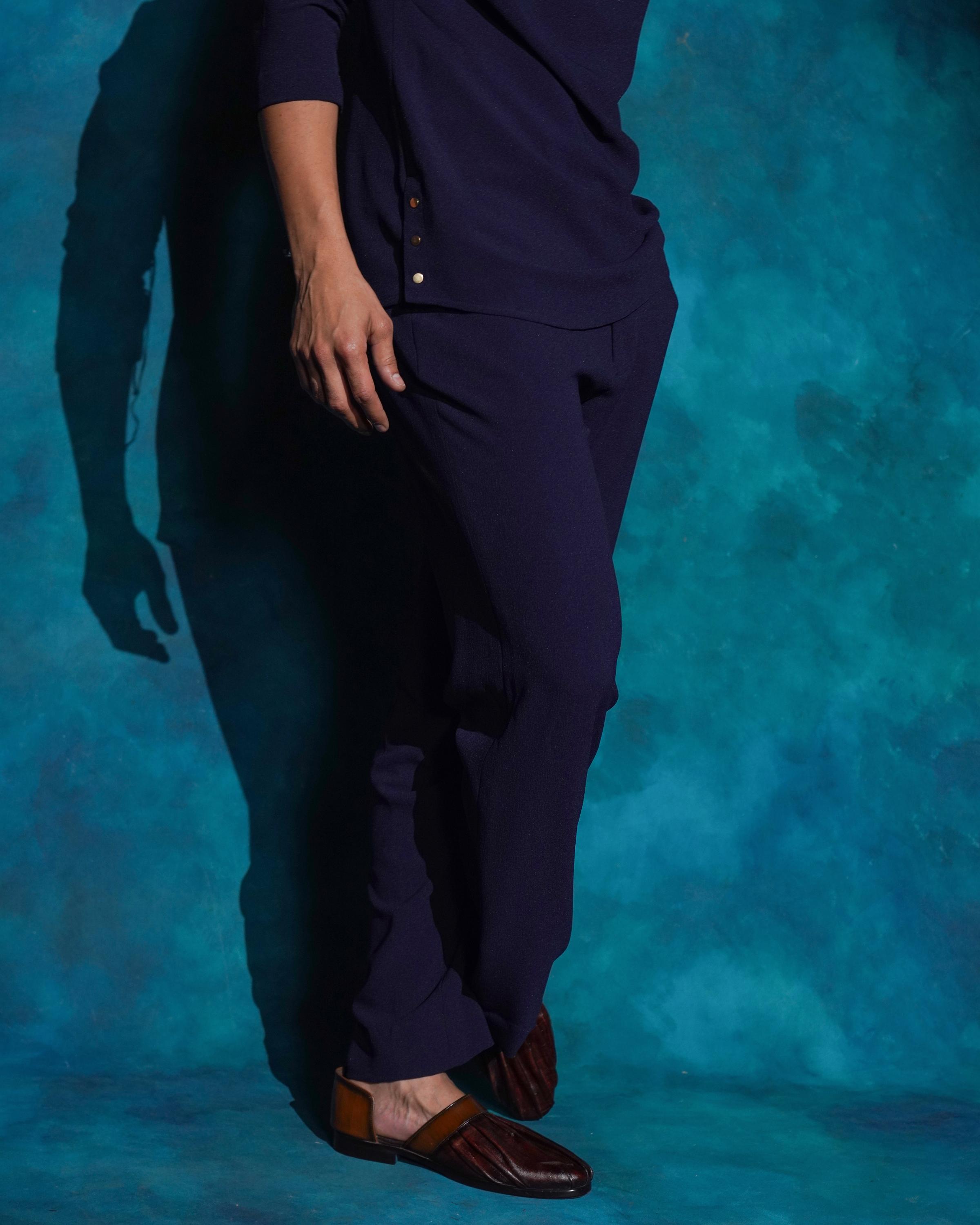 Midnight blue hand embroidered blue sequened short jacket set