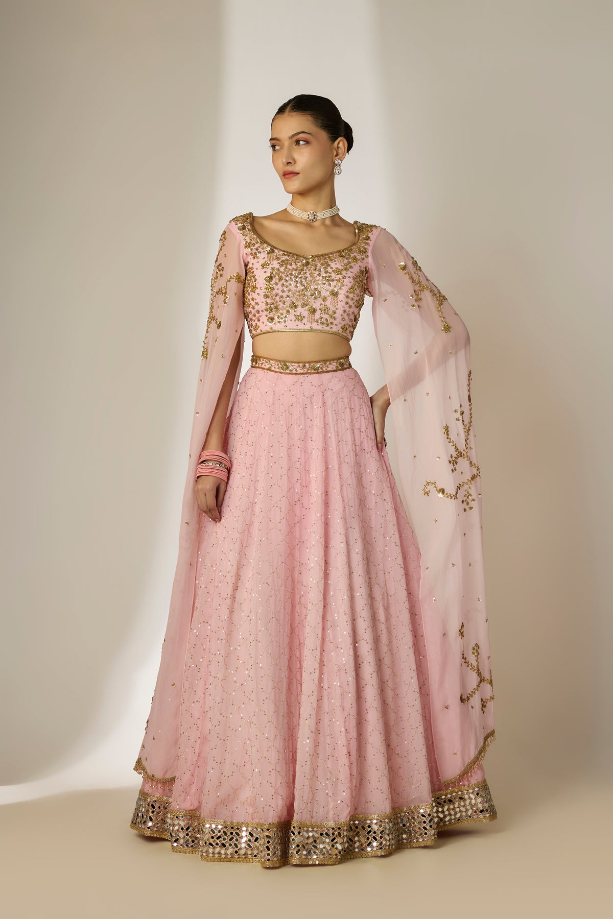Light Pink Cape Sleeve Lehenga Set