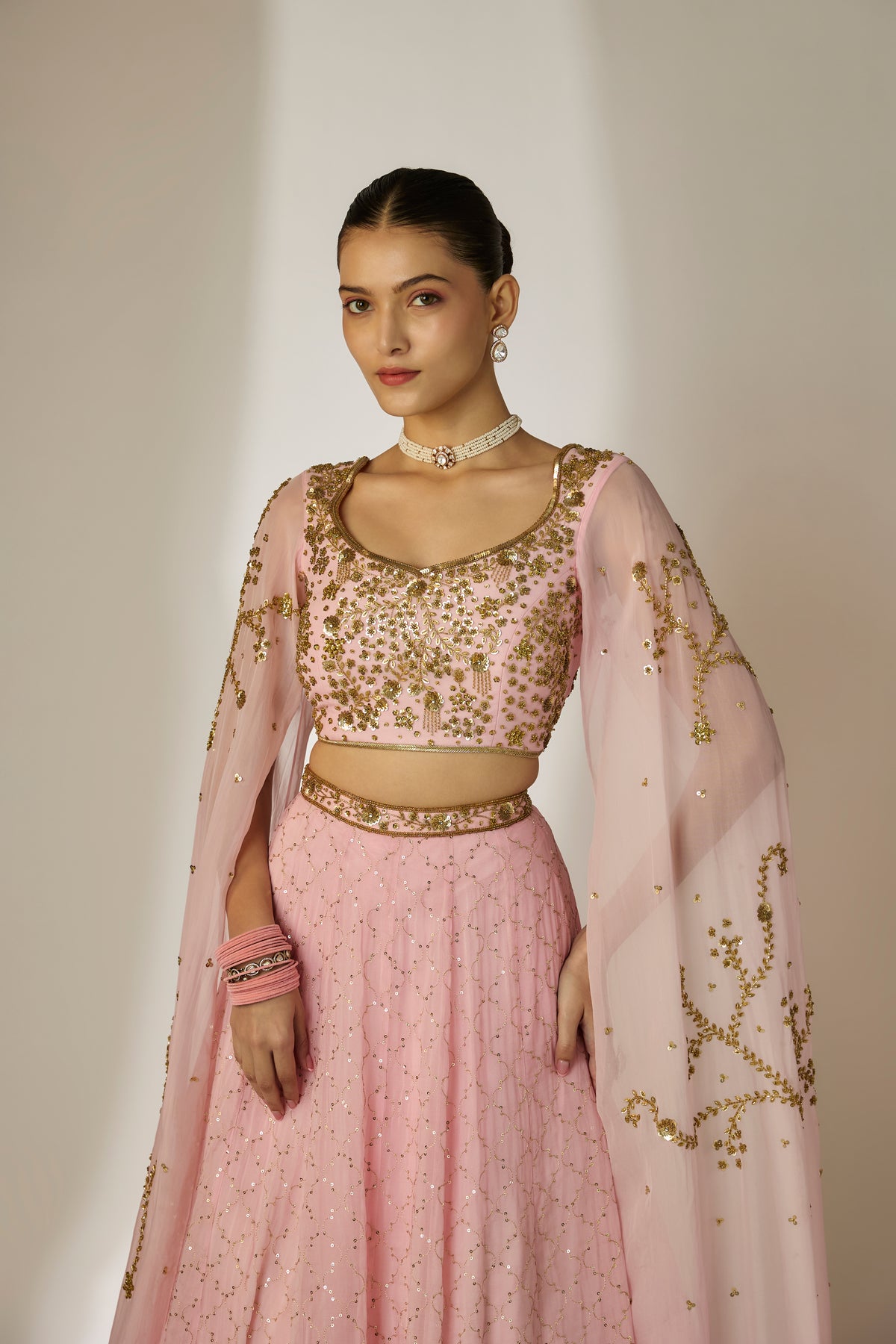 Light Pink Cape Sleeve Lehenga Set