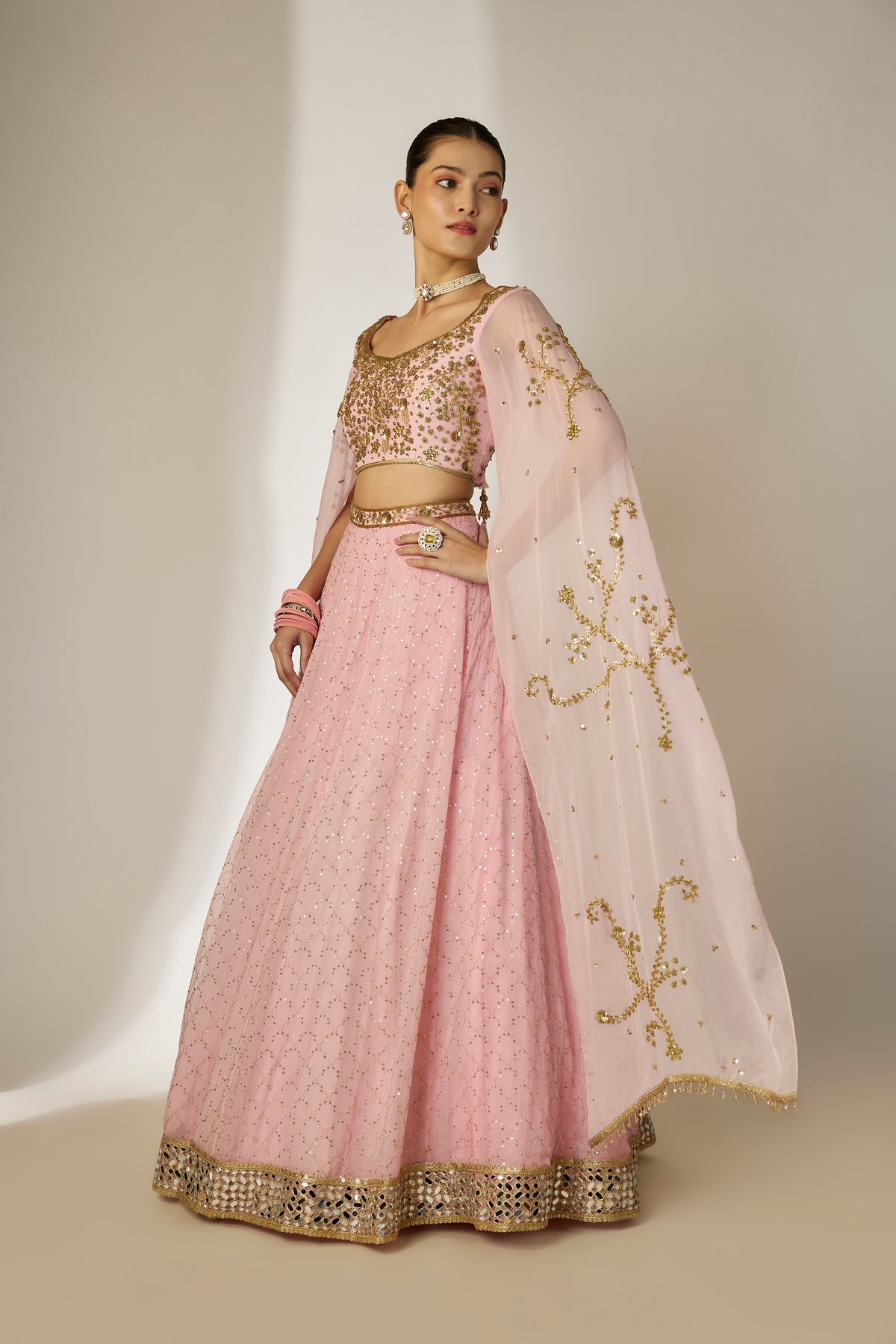 Light Pink Cape Sleeve Lehenga Set