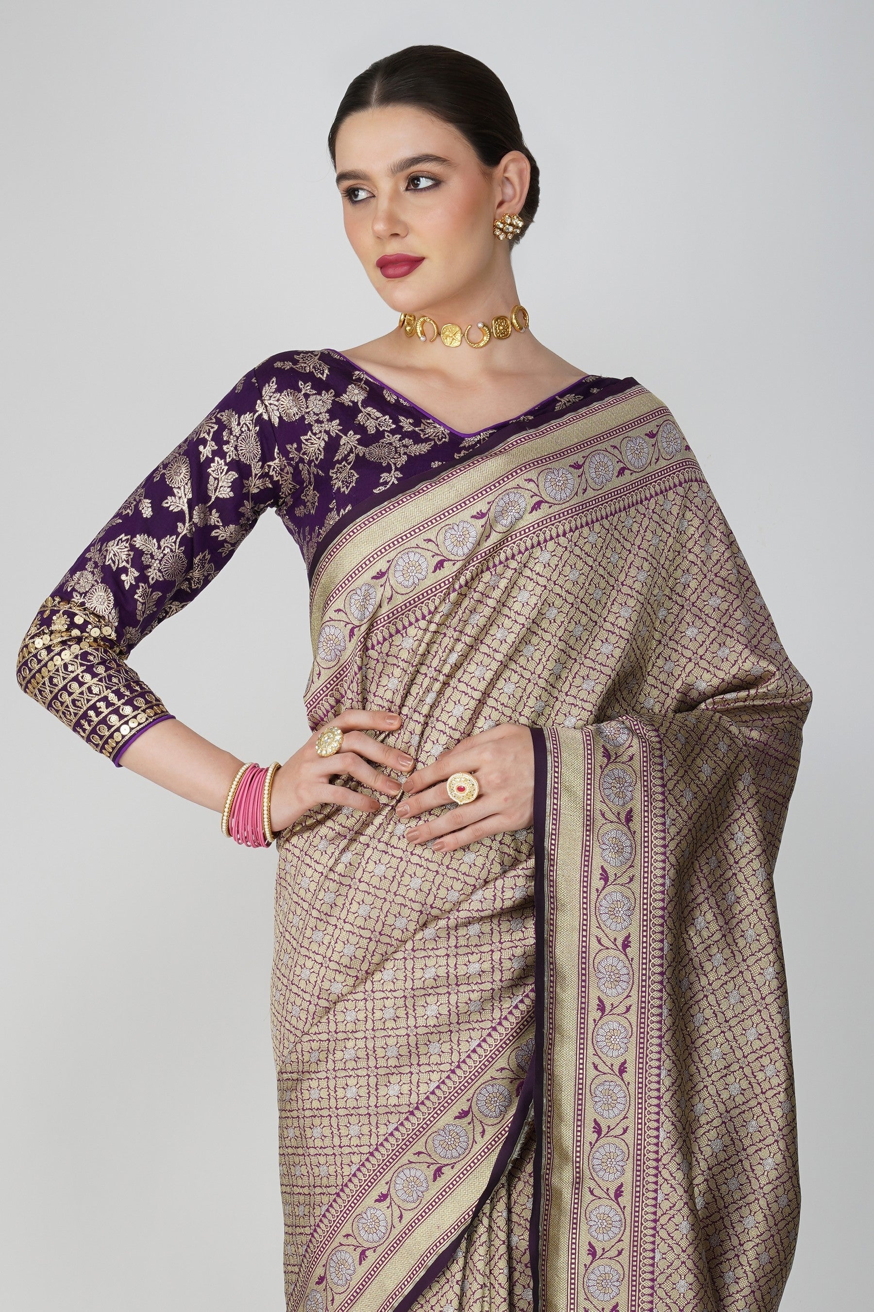 Purple Pure Katan Silk Khimkhaab deisgn Banarasi Handloom Saree