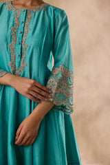 Sky blue chanderi dori work and french knot embroidered kurta paired with salwar & organza dupatta