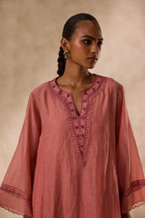 Peach chanderi heavy neckline resham embroidred kurta paired with organic cotton slip,pant & heavy border dupatta