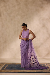 Lilac organza satin flower and beads embroidered saree comes with unstitched & unembroidered blouse fabric in chanderi