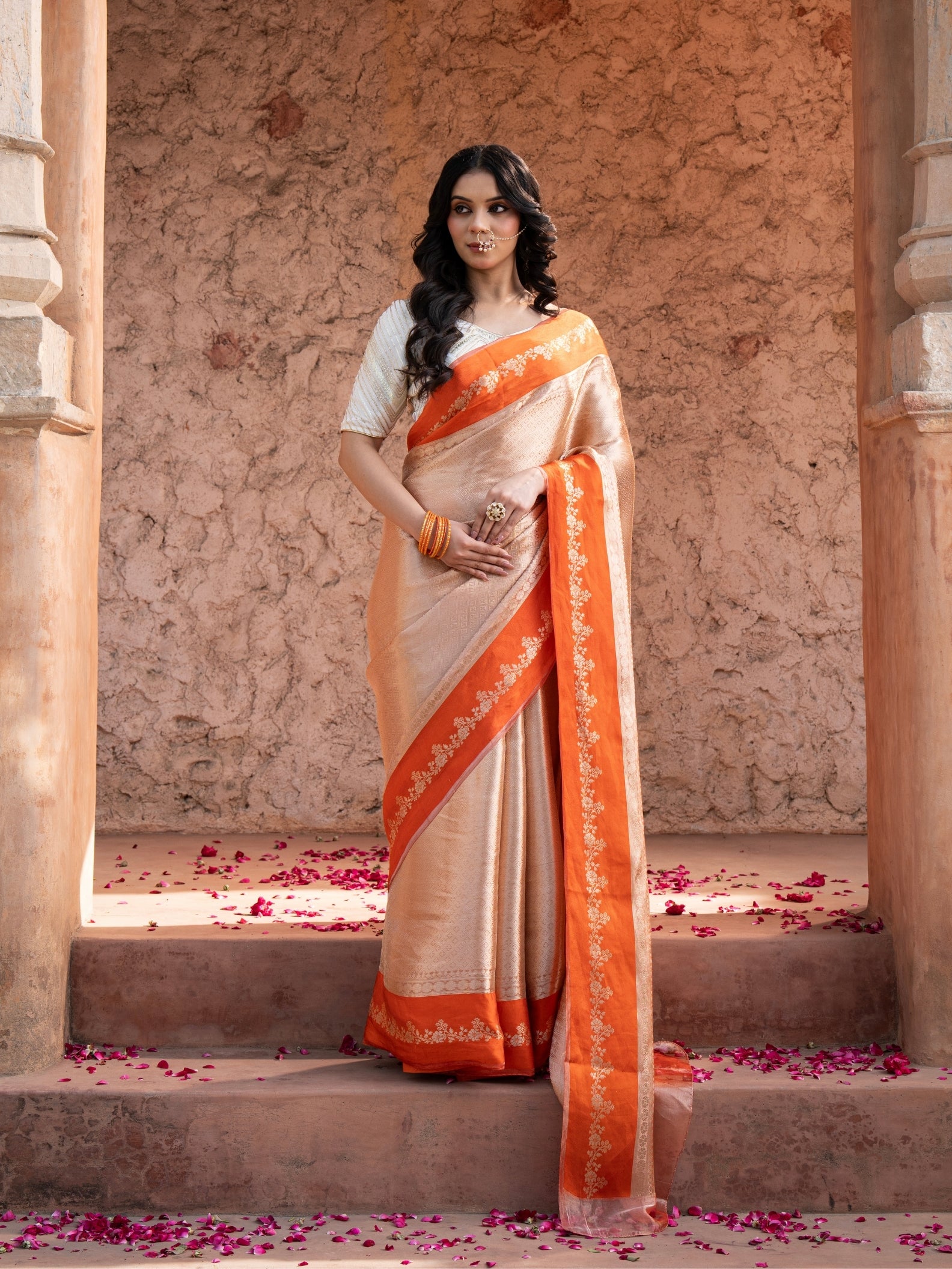 Orange Pure Tissue Silk Banarasi Brocade Handloom Saree
