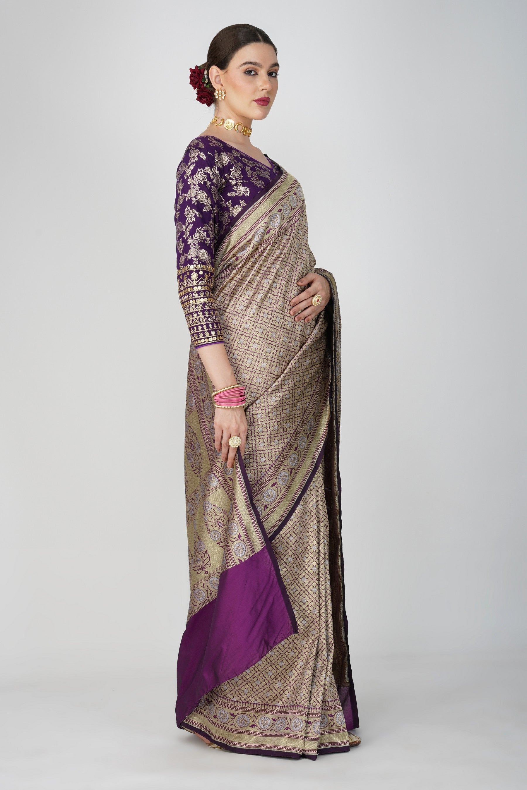 Purple Pure Katan Silk Khimkhaab deisgn Banarasi Handloom Saree