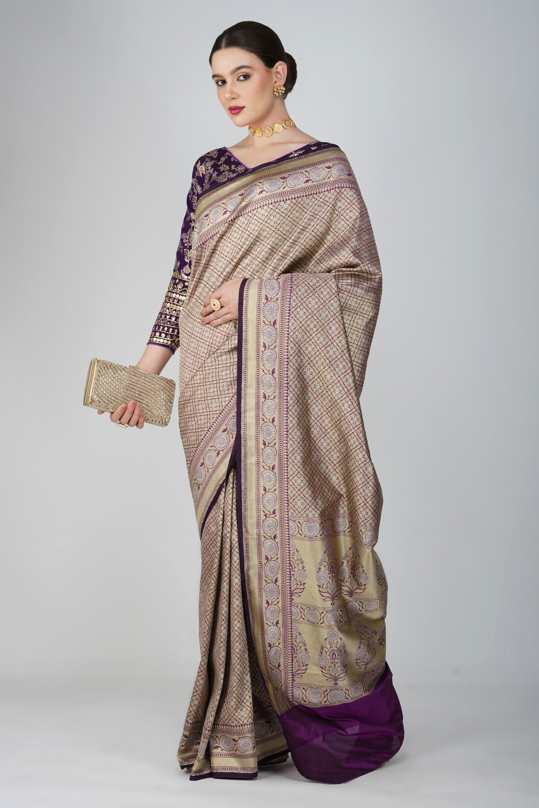 Purple Pure Katan Silk Khimkhaab deisgn Banarasi Handloom Saree
