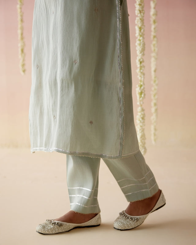 Mint Daisy Tissue Kurta with 
Narrow Pants & Dupatta - Set of 3