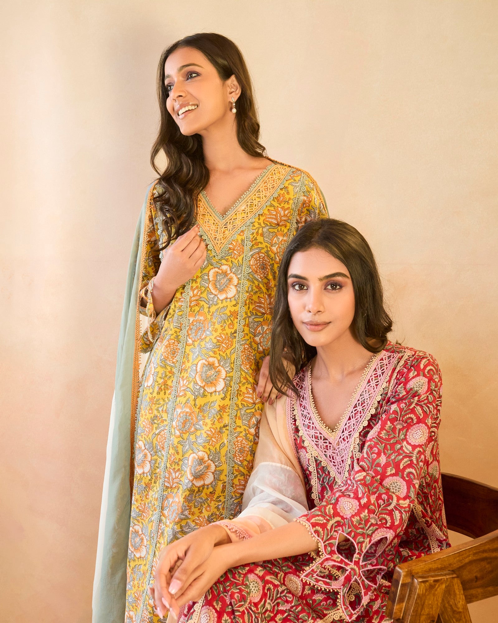 Rosy Chintz Cutwork Cotton Kurta with Wide Leg Pants