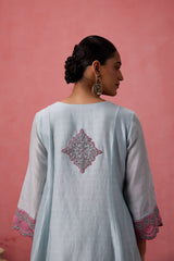 Sky blue chanderi dori work  floral and french knot embroidered kurta paired with pant & organza dupatta