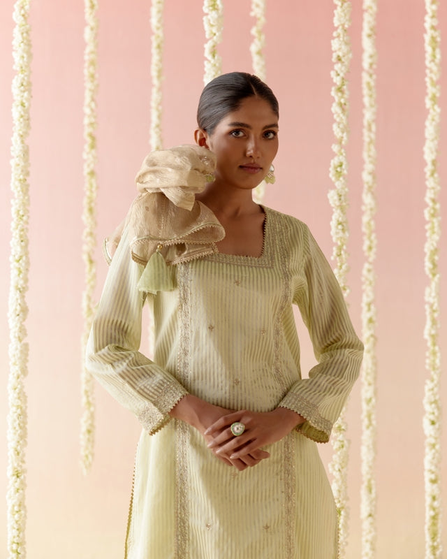 Lotus Green Tissue Kurta with 
Narrow Pants & Dupatta - Set of 3