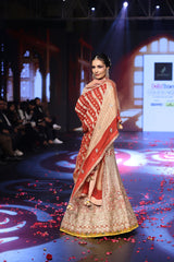 Ghungroo Brick Red & Peach Banarsi Lehenga with Polki & Mirror Work