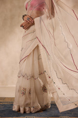 Ivory organza french knot jaal & paisley work saree comes with unstitched & unembroidered blouse fabric in chanderi
