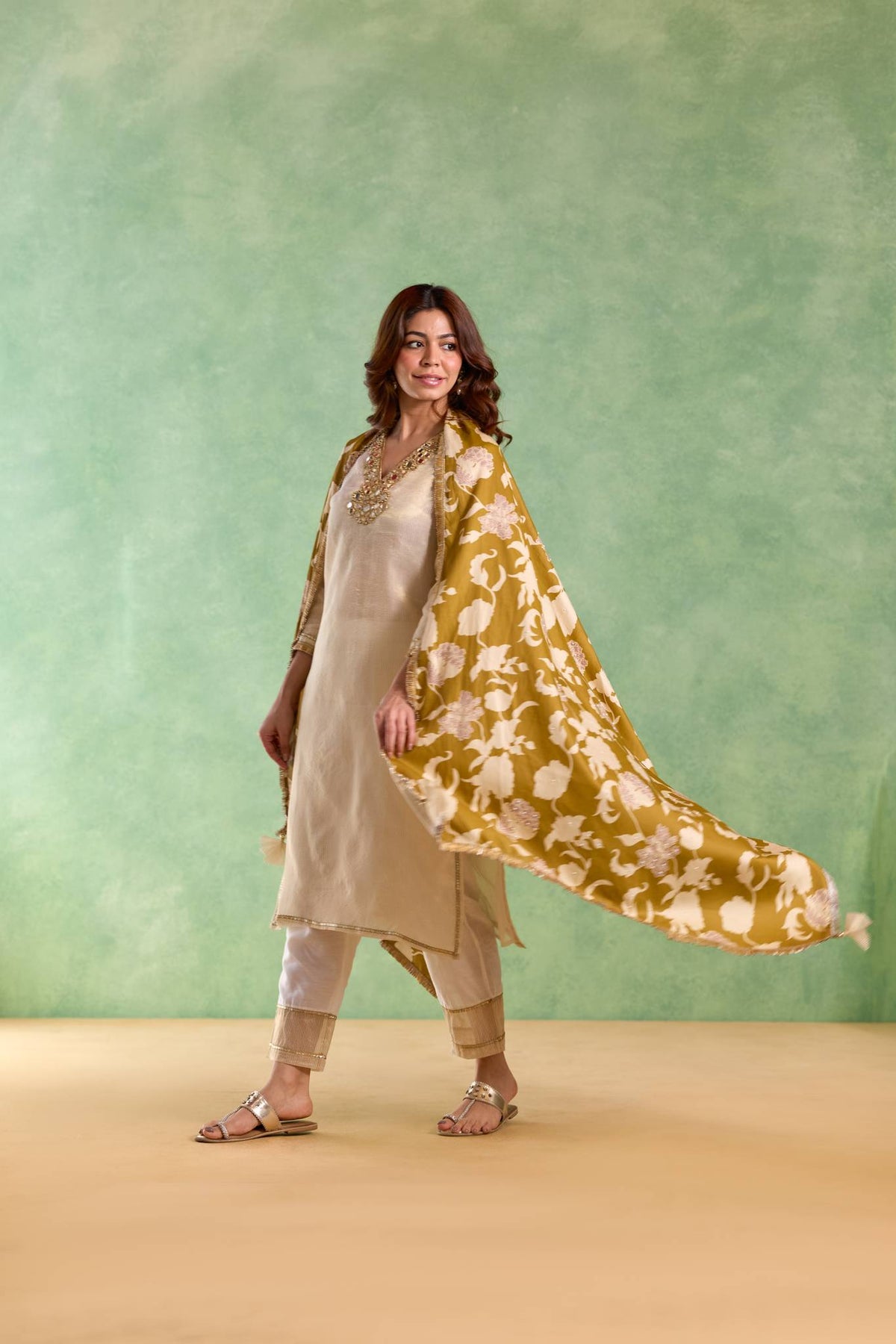 Gold Mirror Embroidered Chanderi Stripe Kurta Set - Set of 2