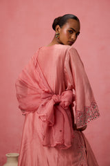 Peach chanderi embroidered kurta with embellished border on sleeves paired with an organic cotton slip pant & organza dupatta