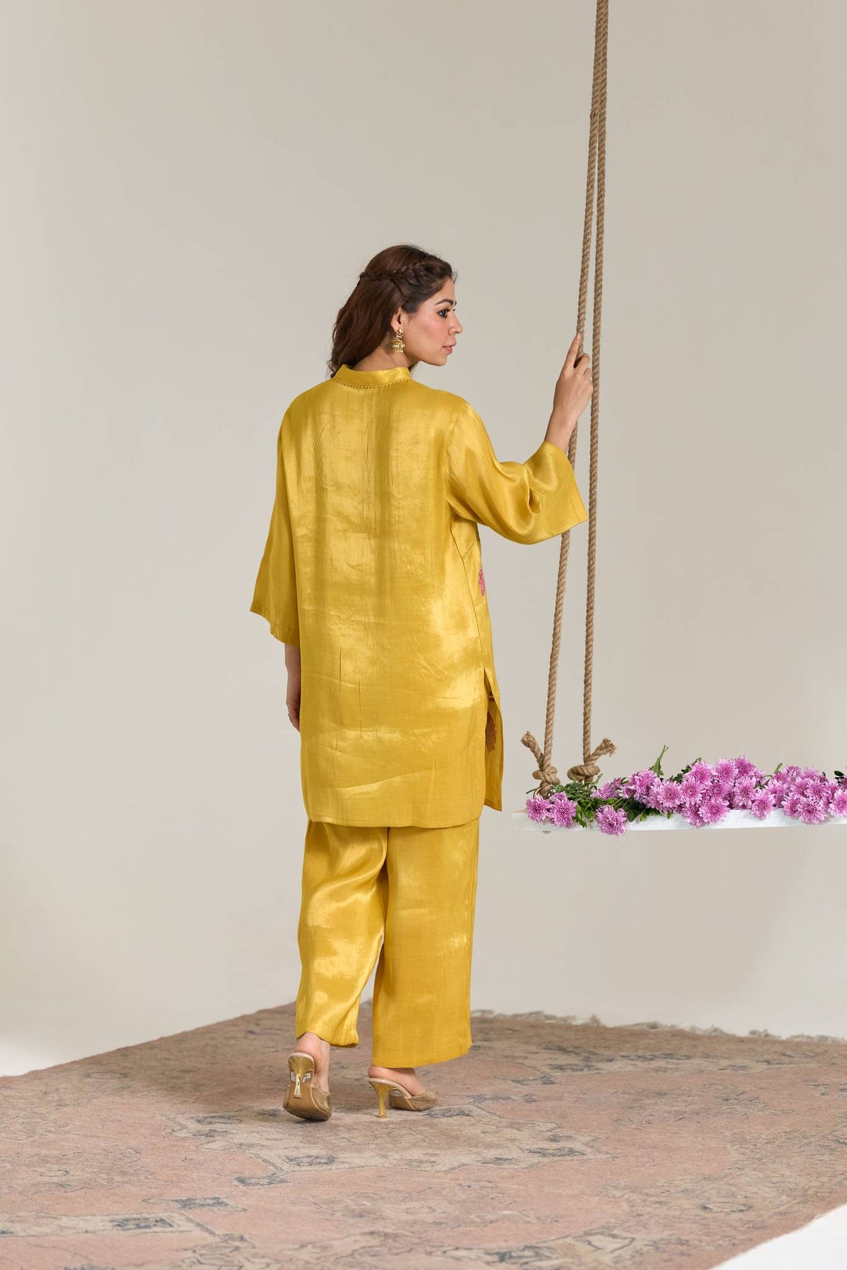 Fuschia Yellow Applique Embroidered Tissue Kurta Set - Set of 2