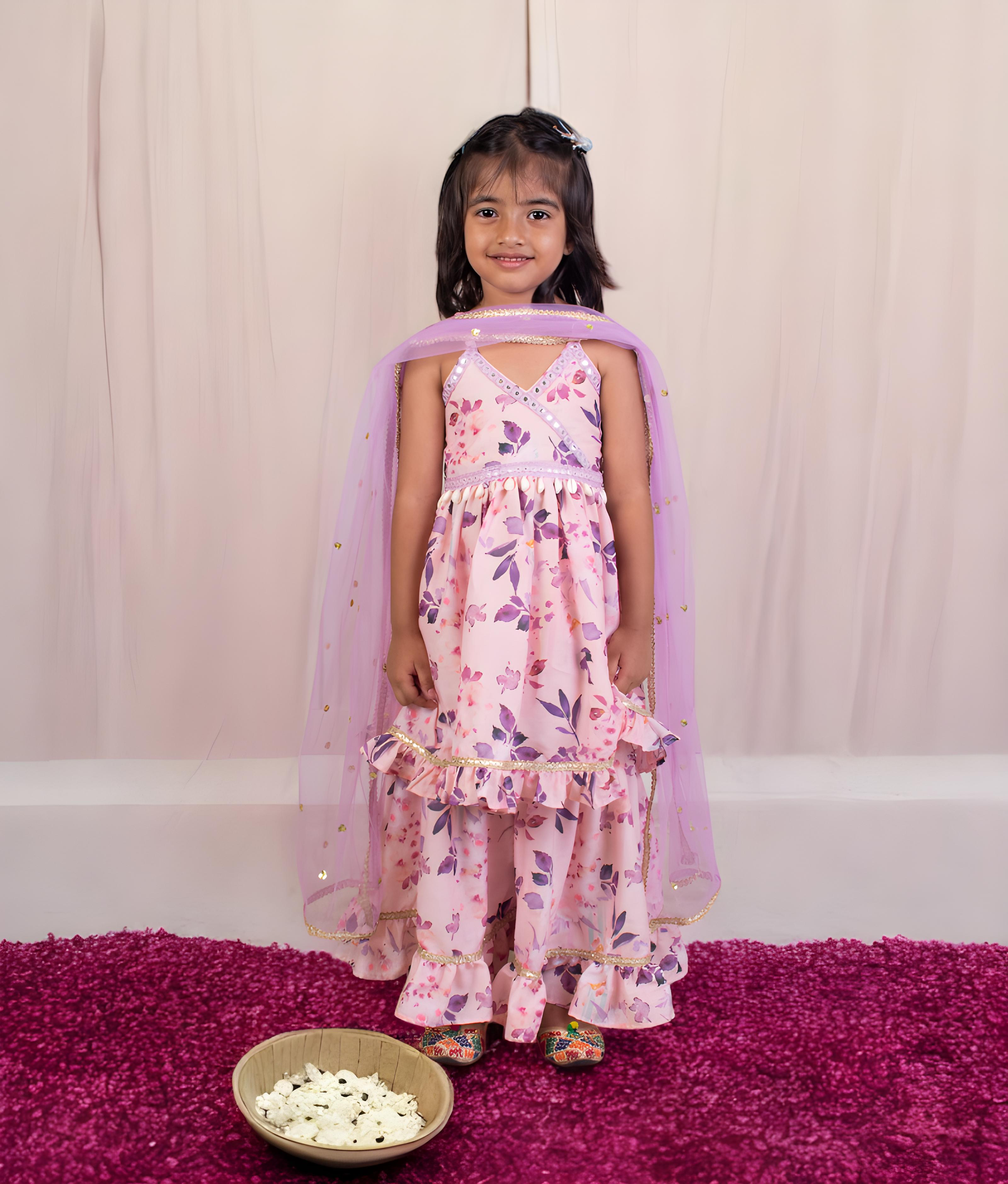 Lilac Printed Kurti with Sharara for Girls