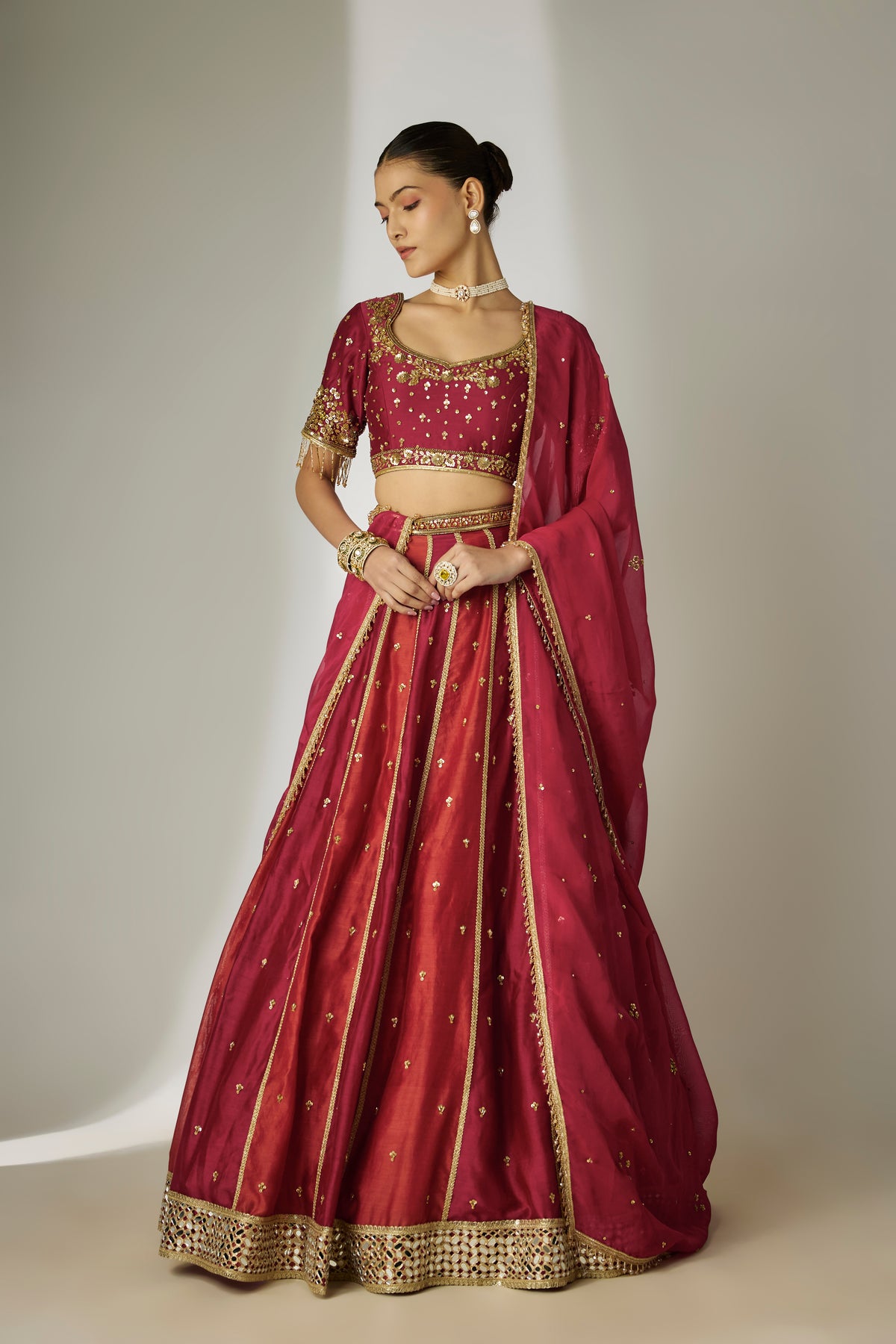 Red & Rust Chanderi Lehenga Set