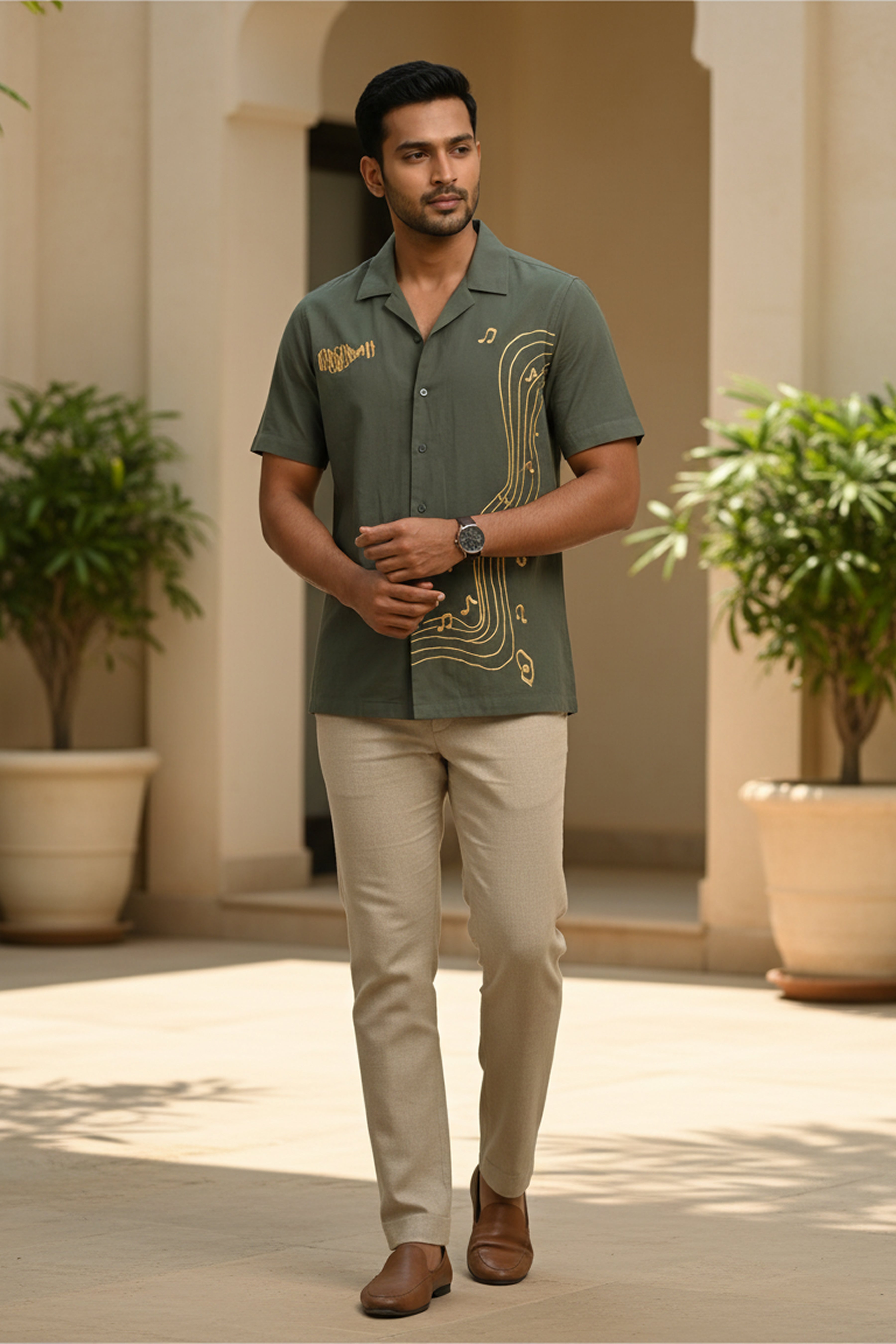 Echo — Green Music Embroidered Cotton Shirt