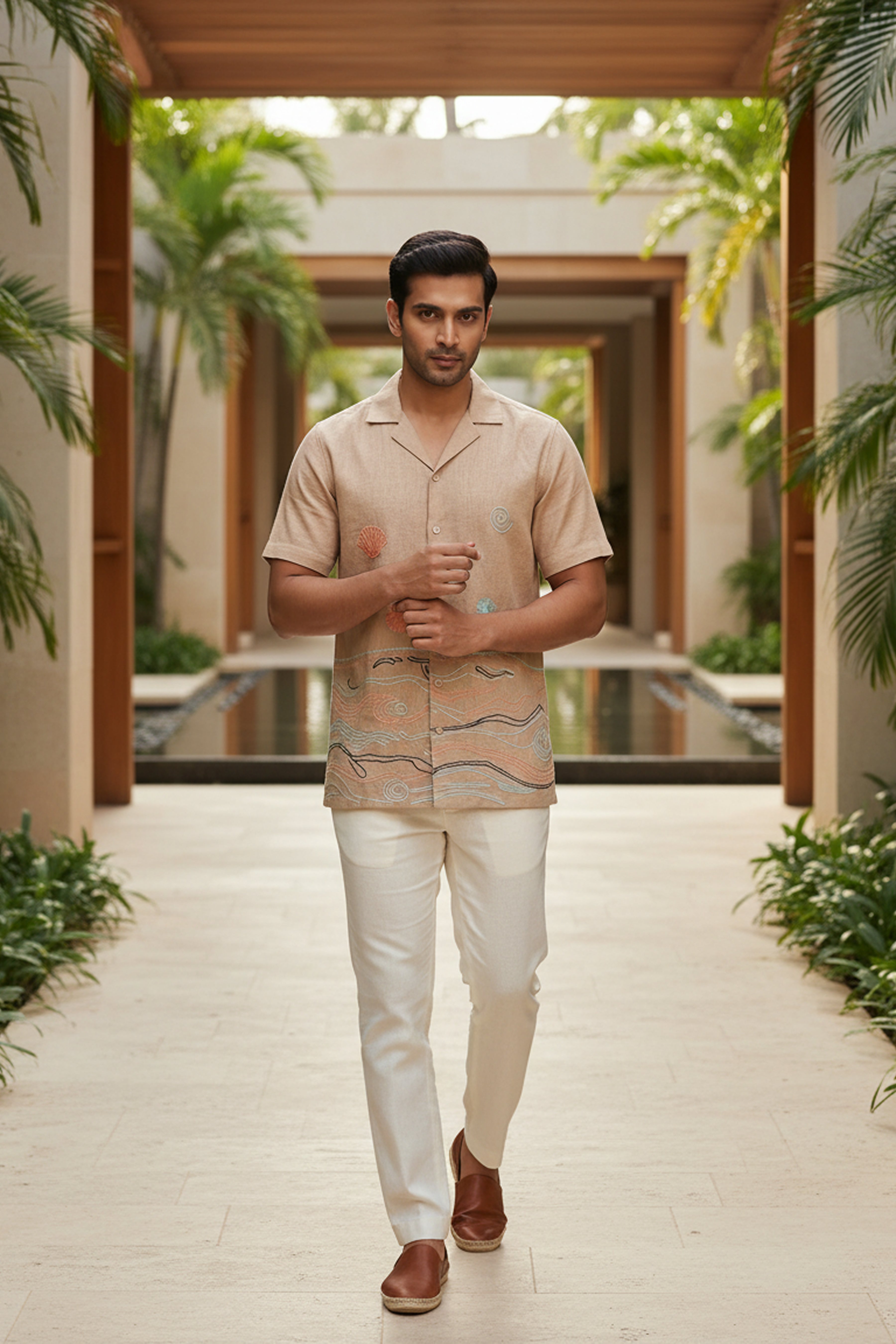 Soft Tide — Beige Embroidered Linen Shirt