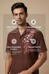 Solvra — Brown Floral Embroidered Cotton Shirt
