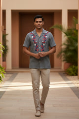 Sunduo — Grey Dual Floral Embroidered Cotton Shirt
