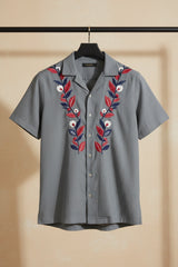 Sunduo — Grey Dual Floral Embroidered Cotton Shirt