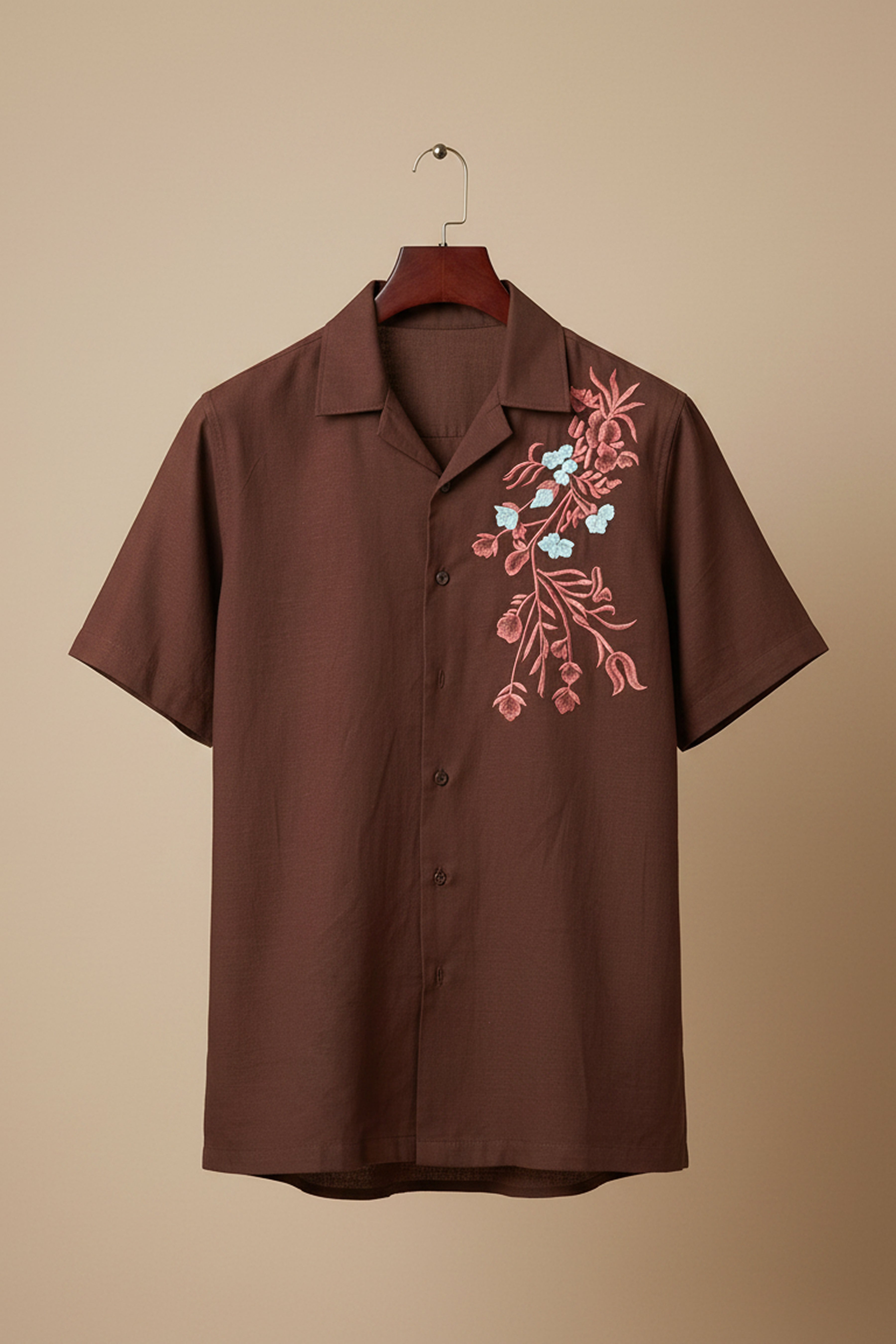 Solvra — Brown Floral Embroidered Cotton Shirt