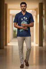 Midnight Bloom — Navy Lotus Embroidered Cotton Shirt