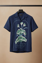 Midnight Bloom — Navy Lotus Embroidered Cotton Shirt