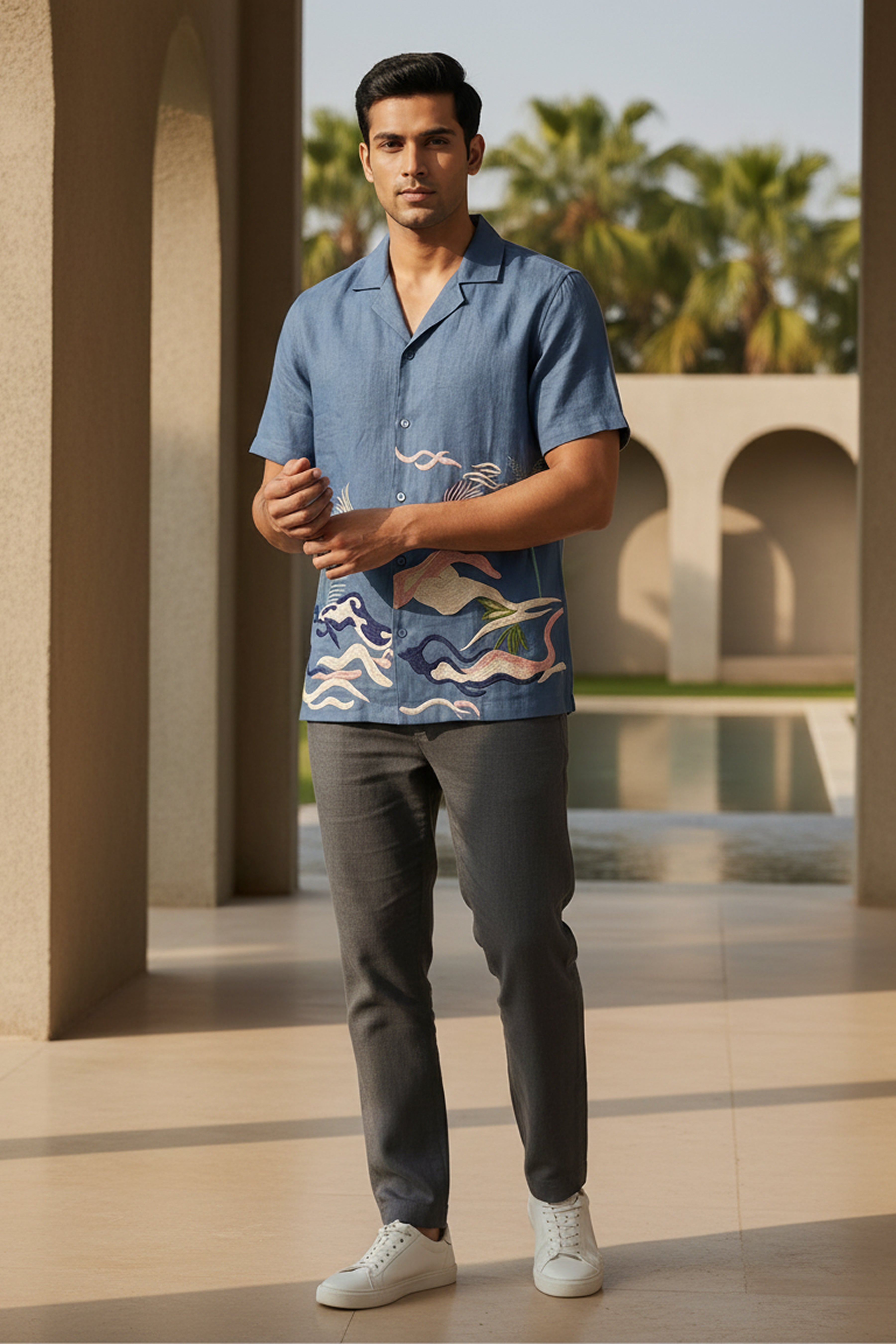 Mirage — Deep Blue Embroidered Linen Shirt