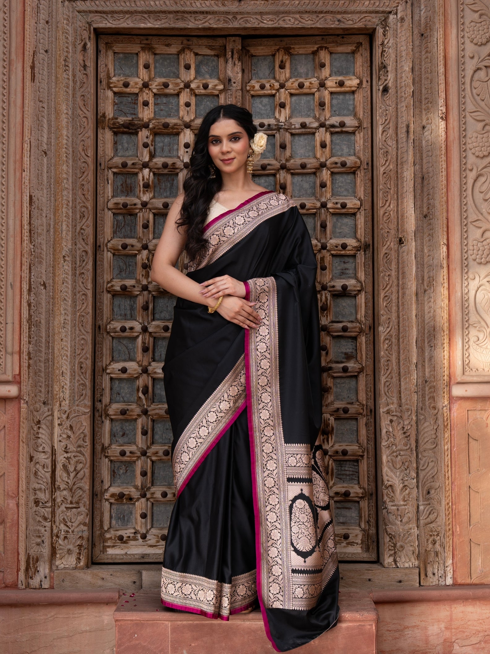 Black Pure Katan Satin Silk Banarasi Handloom Saree