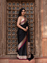 Black Pure Katan Satin Silk Banarasi Handloom Saree