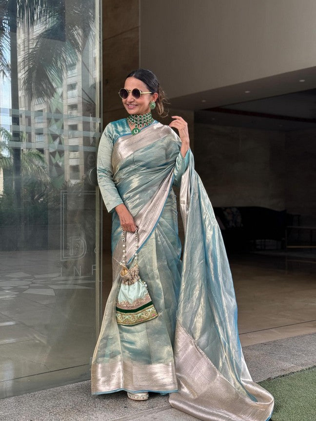 Sky blue Pure Tissue Silk Banarasi Handloom Saree