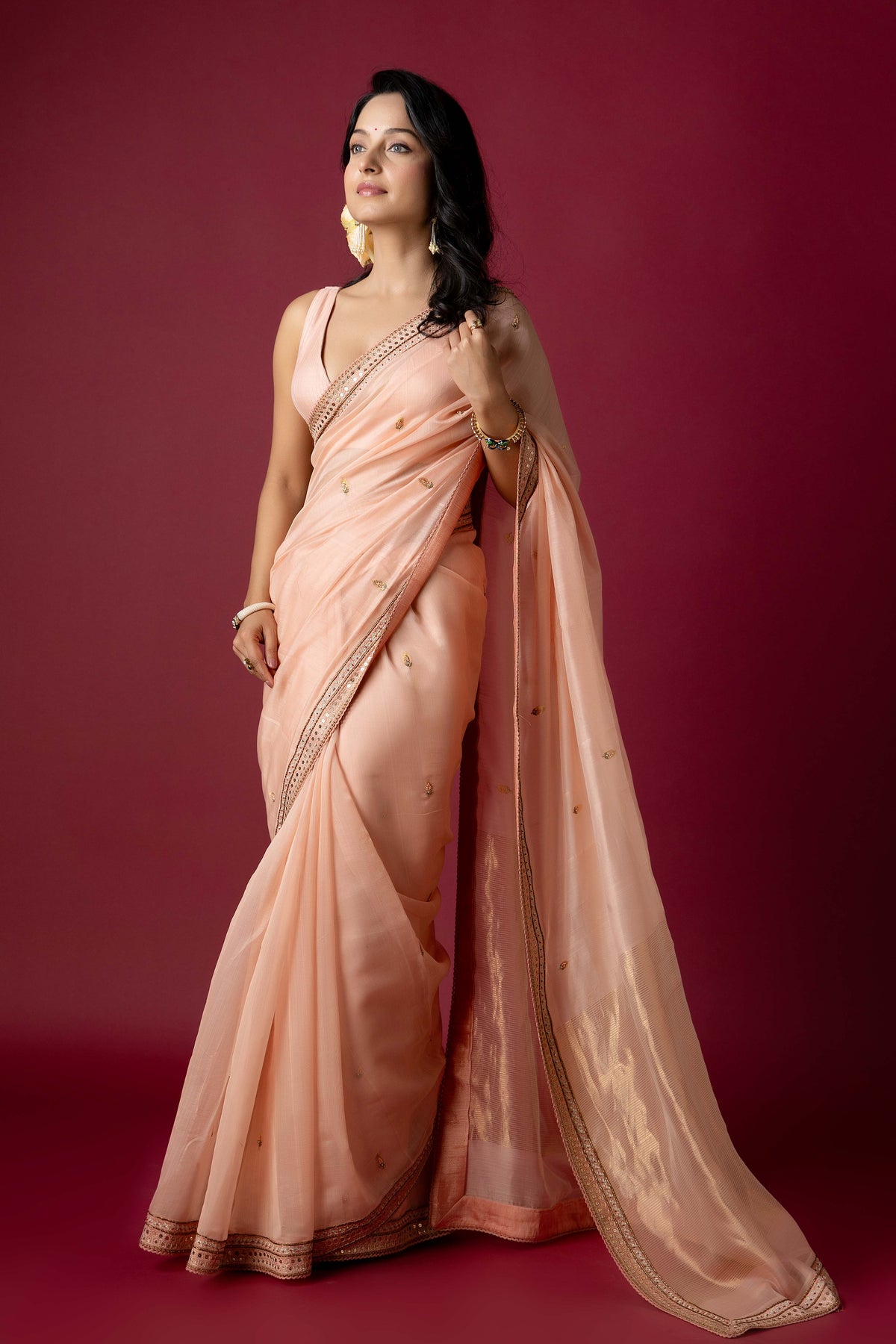 Light Peach Chanderi Silk Aari Saree