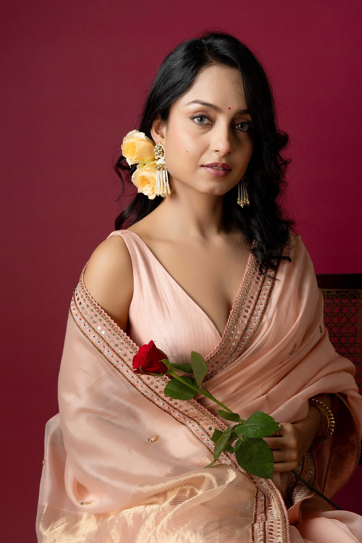 Light Peach Chanderi Silk Aari Saree