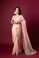 Peach Chanderi Silk Aari & Bobbin Saree