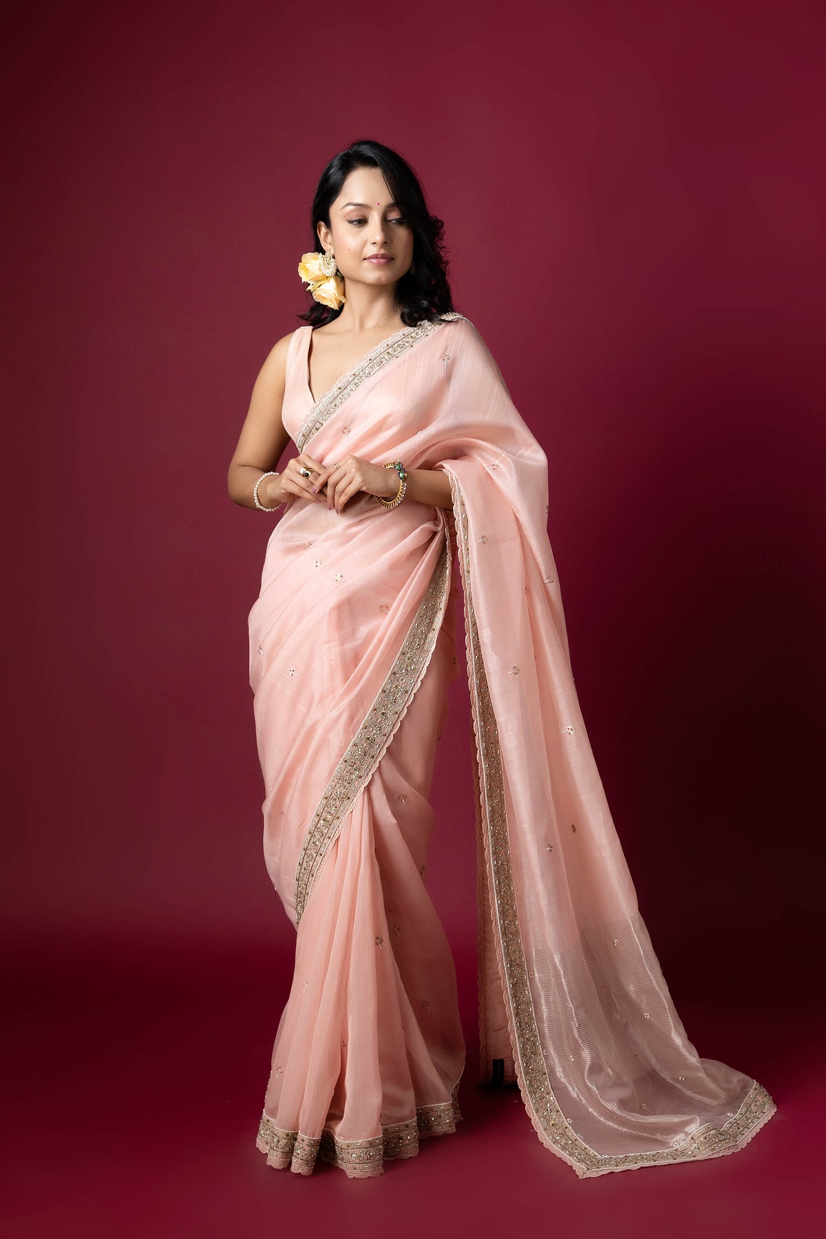 Peach Chanderi Silk Aari & Bobbin Saree