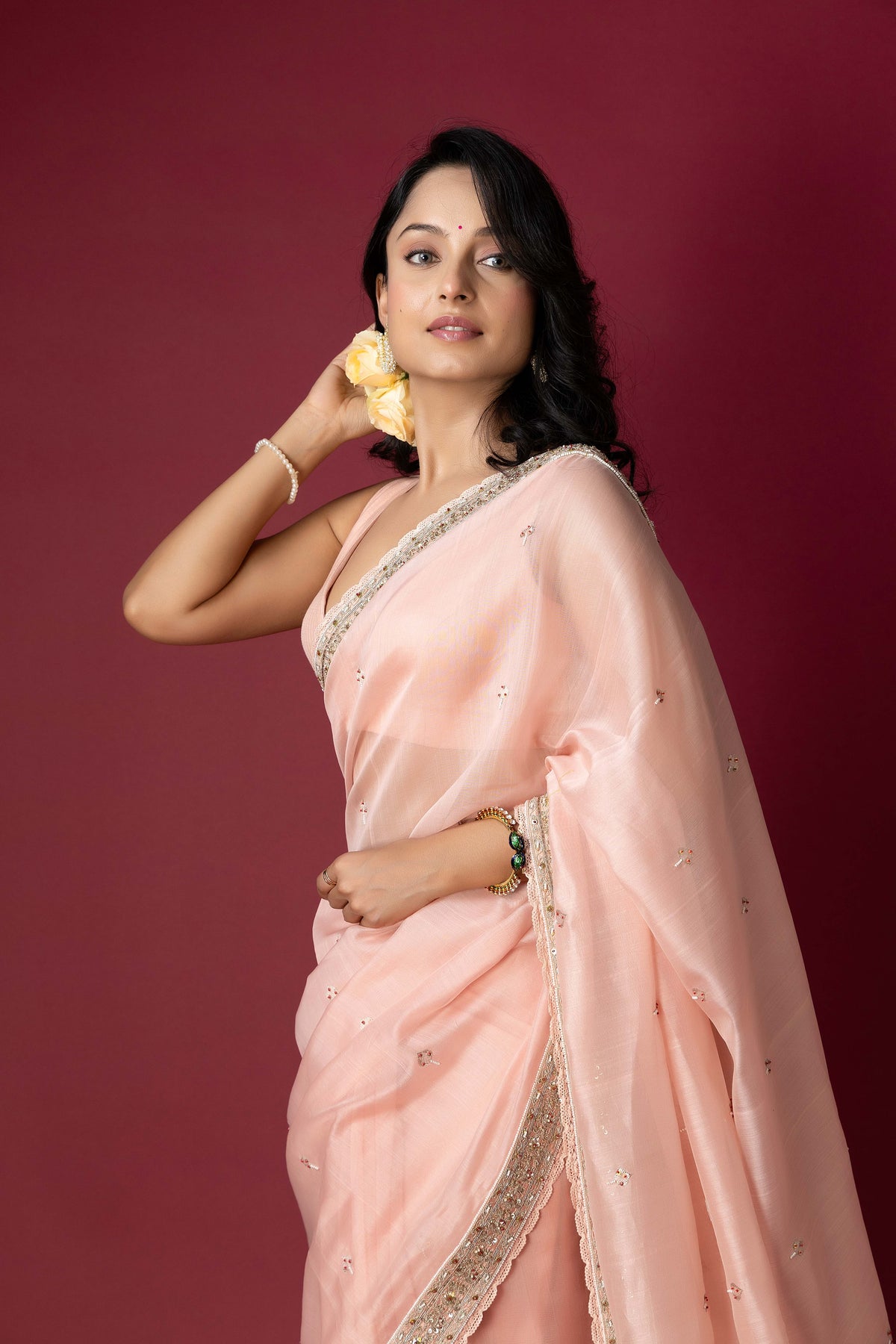Peach Chanderi Silk Aari & Bobbin Saree