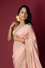 Peach Chanderi Silk Aari & Bobbin Saree