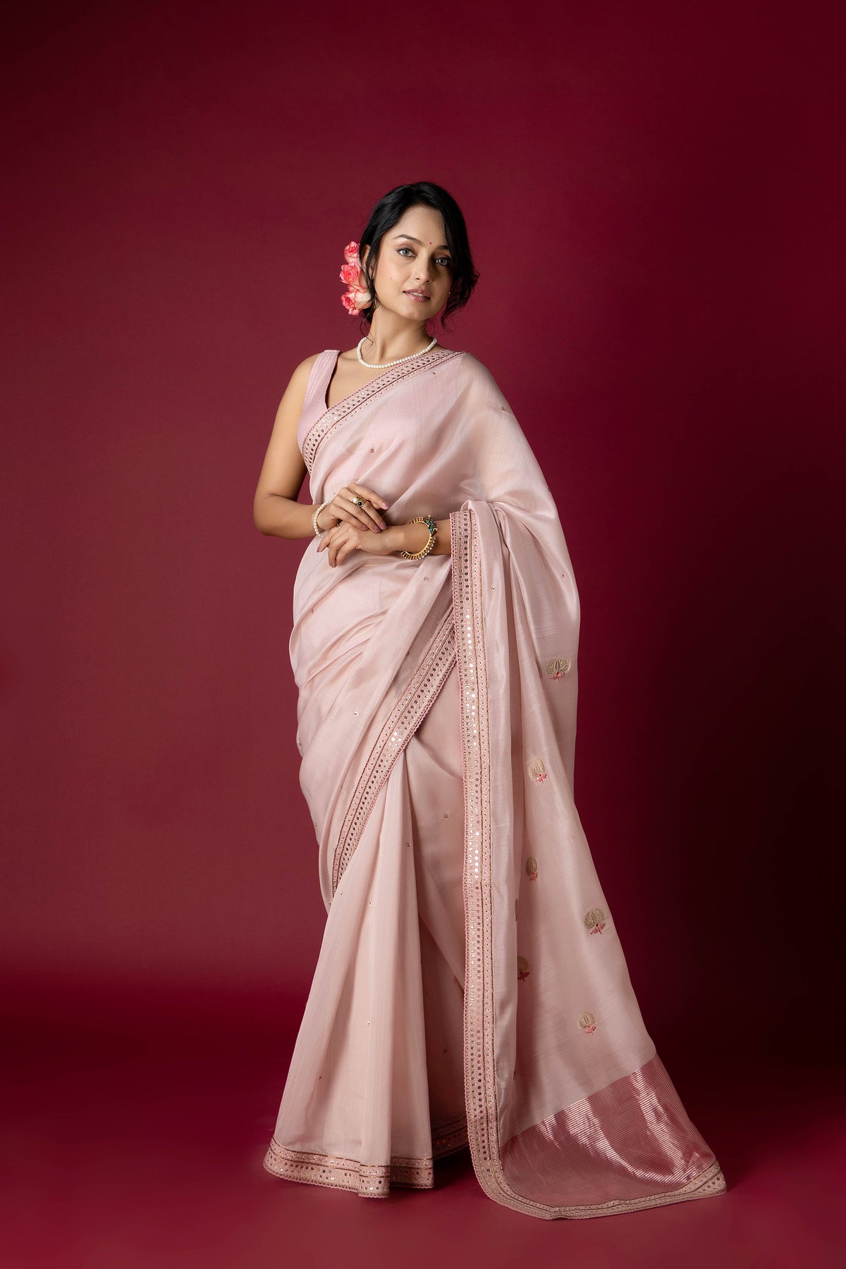 Old Rose Chanderi Silk Aari Saree