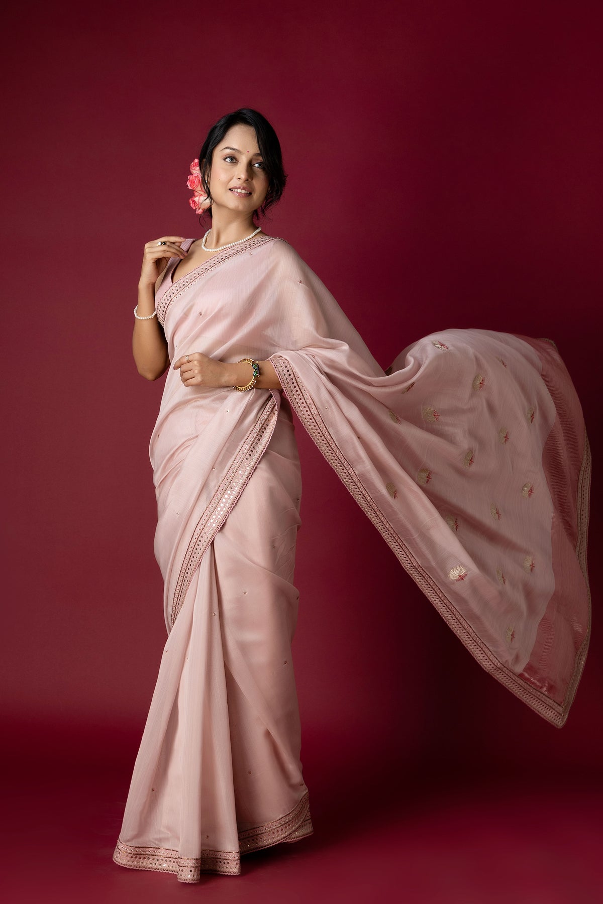 Old Rose Chanderi Silk Aari Saree