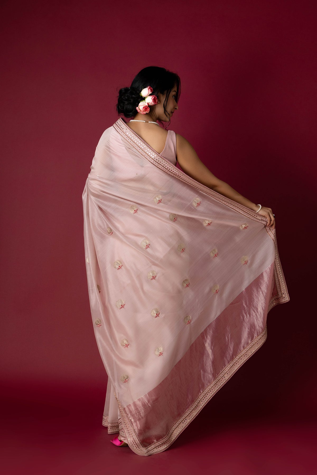 Old Rose Chanderi Silk Aari Saree