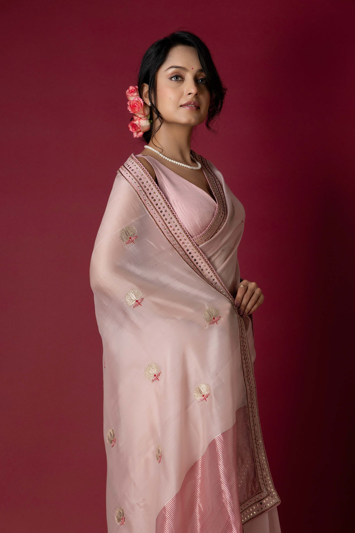 Old Rose Chanderi Silk Aari Saree