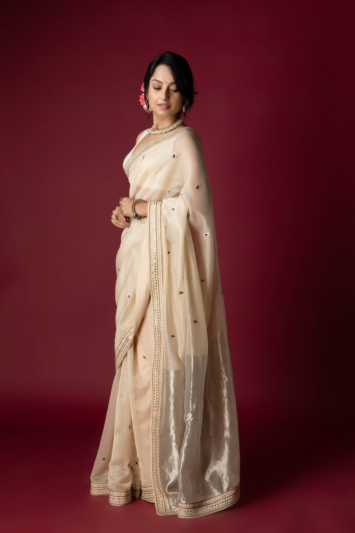 Ivory Chanderi Silk Aari Saree