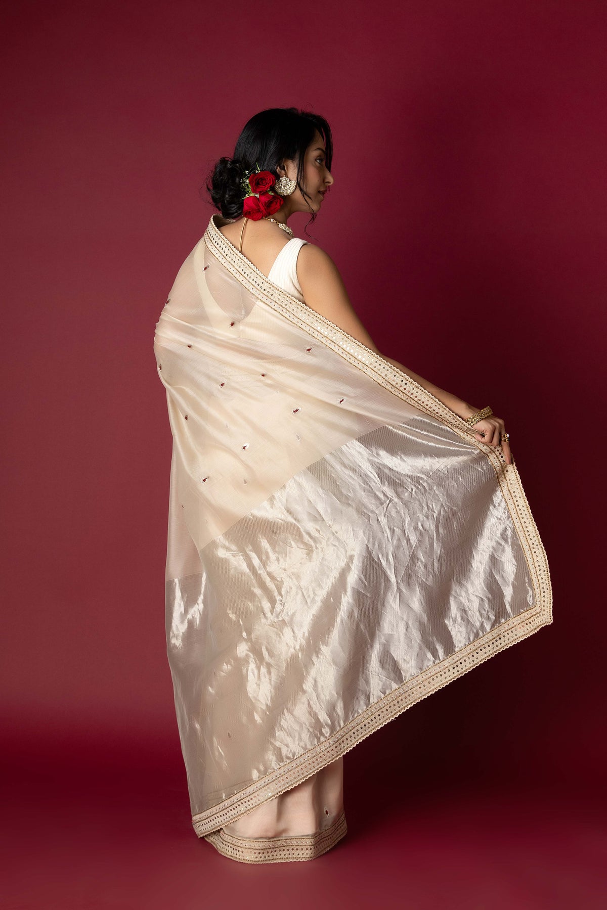 Ivory Chanderi Silk Aari Saree
